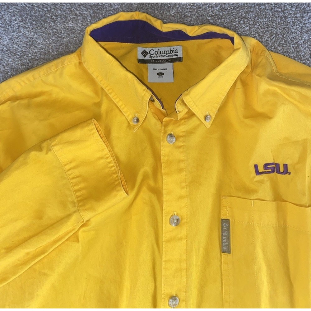 Columbia Mens Large LSU Tiger Solid Yellow Button Down Cotton Shirt NCAA Read